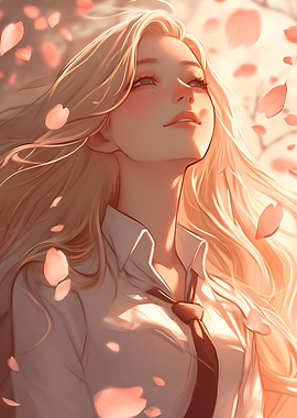 Blonde Woman in Falling Cherry Blossoms
