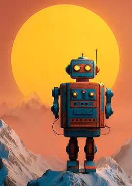 Retro Robot on Mountain Peak