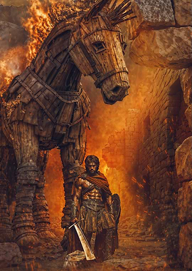 Ulysses and the Trojan Horse in flames