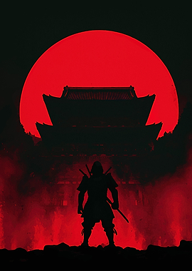 Samurai Silhouette with Red Moon
