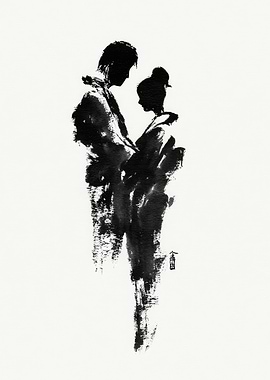 Ink Painting of Couple in Kimono