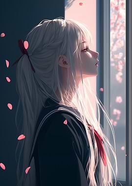 Anime Girl Gazing at Cherry Blossoms