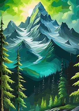Mountain Landscape Painting with Green Trees