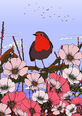 Robin Bird in Floral Garden