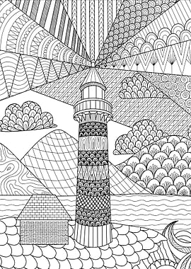 Lighthouse Coloring Page with Intricate Patterns