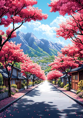 Cherry Blossom Street with Mountain View