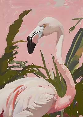 Flamingo Painting with Tropical Leaves