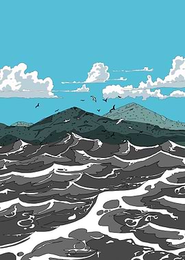 Stylized Ocean View with Mountains