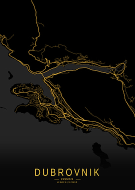 Golden Dubrovnik Map Art