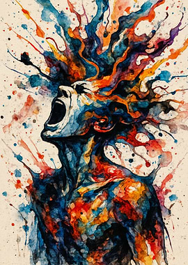 Screaming Figure Watercolor Abstract Art
