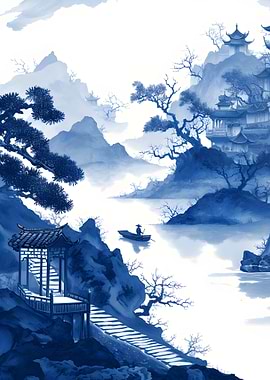 Monochromatic Asian Landscape Painting