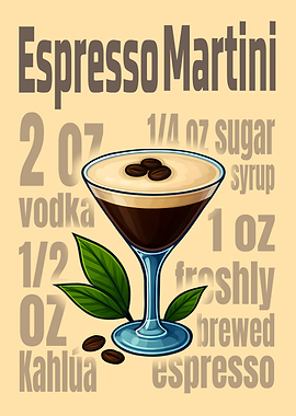Espresso Martini Cocktail Art Print – Coffee Liqueur Drink Recipe Wall Decor for Kitchen, Bar, or Lounge