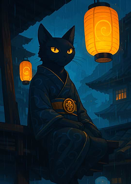 Black Cat in Kimono under Rain