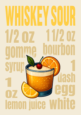 Whiskey Sour Cocktail Art Print – Classic Bourbon Drink Recipe Wall Decor for Bar, Lounge, or Kitchen