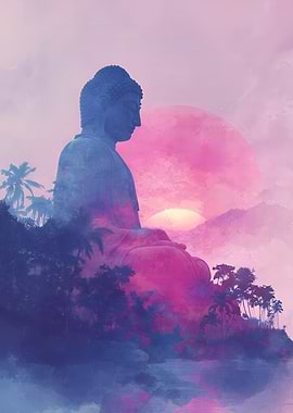 Buddha Statue Pink Sunset Landscape