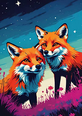 Two Foxes Starry Sky
