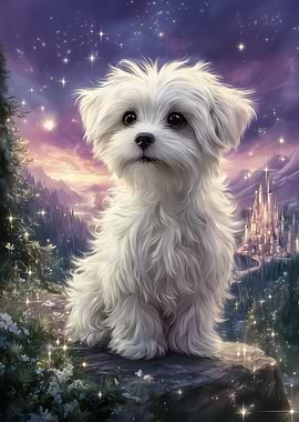 Maltese Puppy in Fantasy Landscape
