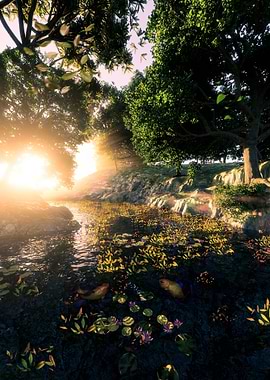 Sunlit Pond with Lily Pads