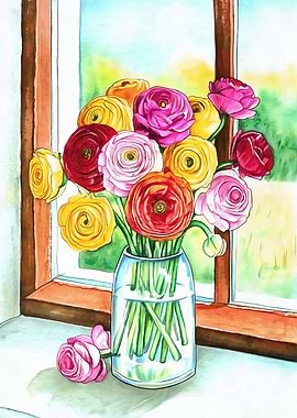 Ranunculus Bouquet by Window Watercolor Painting