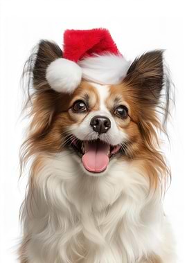 Papillon Dog with Santa Hat Portrait
