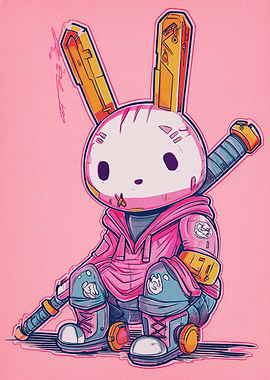 Cyberpunk Bunny with Baseball Bat