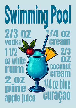 Swimming Pool Cocktail Art Print – Retro Tropical Drink Recipe Wall Decor for Bar, Kitchen, or Tiki Lounge