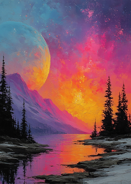 Fantasy Landscape with Moon and Mountains