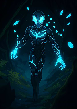 Glowing Alien Figure in Dark Forest