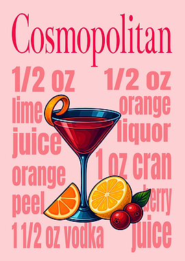 Cosmopolitan Cocktail Art Print – Chic Pink Drink Recipe Wall Decor for Kitchen, Bar, or Lounge