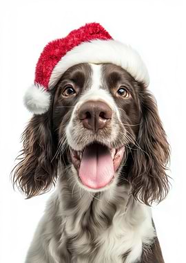 English Springer Spaniel Dog with Santa Hat Portrait