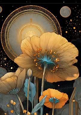 Golden Flowers with Celestial Background