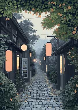 Japanese Street with Lanterns