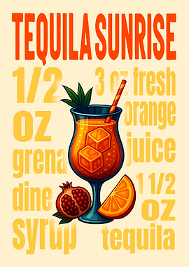 Tequila Sunrise Cocktail Art Print – Vibrant Tequila Drink Recipe Wall Decor for Bar, Kitchen, or Lounge