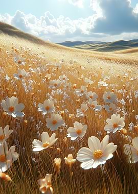 Golden Field with White Flowers
