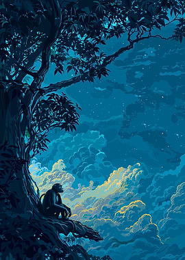 Monkey Under Tree at Night