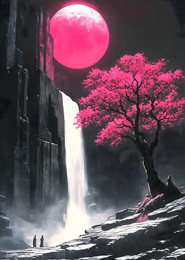 Pink Moon Waterfall Landscape
