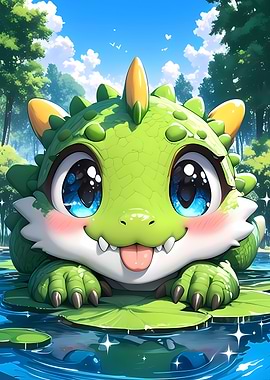 Cute Green Dragon in Pond Animal