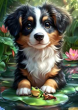 Cute Puppy with Frogs in Pond