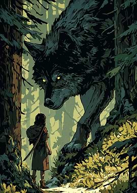 Girl and Giant Wolf in Forest
