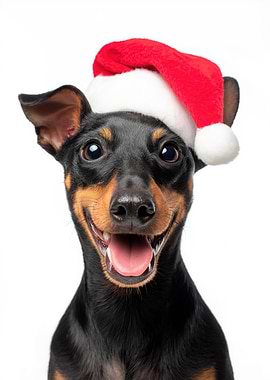 Smiling Miniature Pinscher Dog with Santa Hat