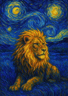 Lion in Starry Night Style
