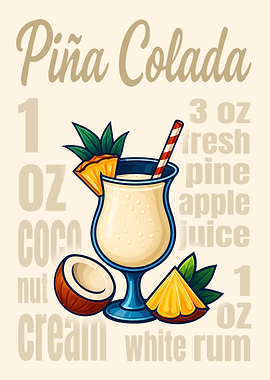 Piña Colada Cocktail Art Print – Tropical Rum Drink Recipe Wall Decor for Bar, Kitchen, or Lounge