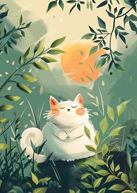 Meditating Cat in Greenery