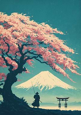 Samurai under Cherry Blossom Tree