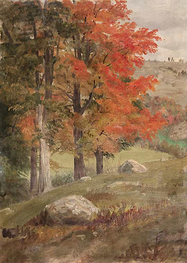 Autumn Landscape Painting with Red Trees