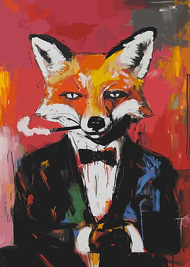 Fox in Tuxedo Smoking Cigar Painting