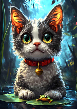 Cute Kitten and Frog on Lilypad