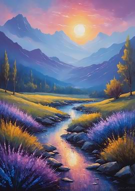 Mountain River Landscape at Sunset Painting