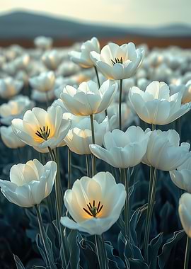 Field of White Tulips at Sunset