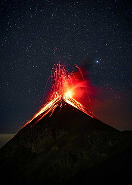 Erupting Volcano Under Starry Night Sky